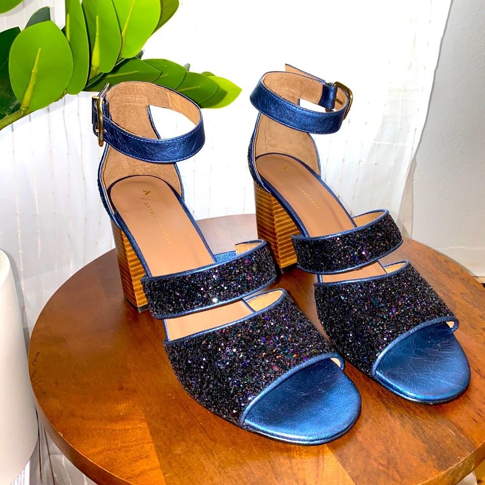 Anthropologie navy glitter sandals - heels. heel height 3.5”. never worn.